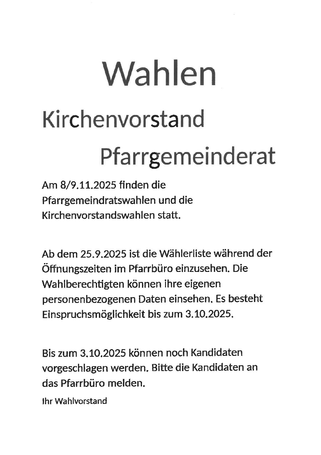 Wahlen zum Pfarrgemeinderat und Kirchenvorstand am 8./9.11.2025 – Briefwahl möglich